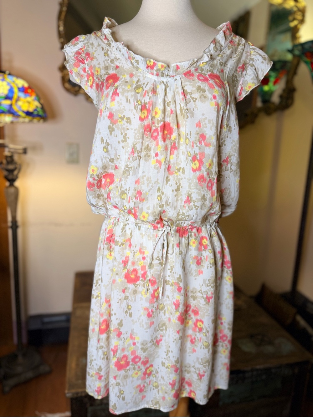 Rayon Floral Drawstring Waist Summer Dress - White with Coral & Yellow Flowers